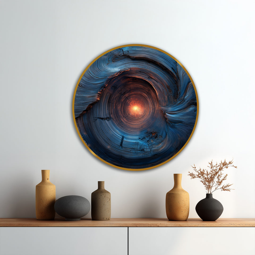 Glowing light within the abstract oil painting wall art emanates softly from the celestial core of the blue spiral round art on wood.