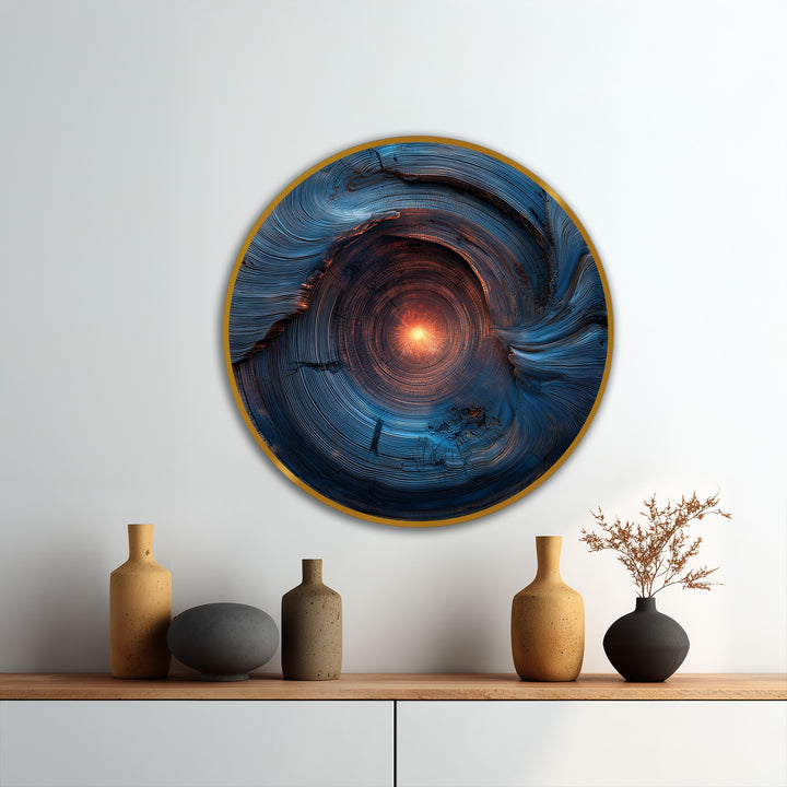 Glowing light within the abstract oil painting wall art emanates softly from the celestial core of the blue spiral round art on wood.
