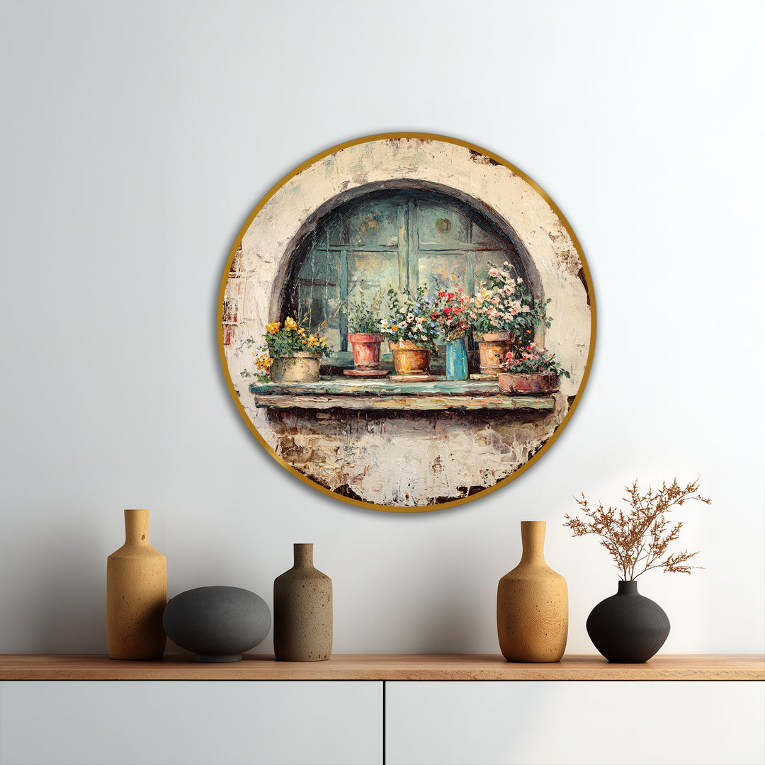 Visual rhythm emerges in this round oil painting decoration as colorful flowers in pots repeat along a rustic window, creating farmhouse charm.