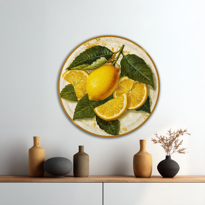 The rustic lemon round oil painting depicts subtle gradients blending from verdant leaves to bright yellow citrus fruits, a beautiful oil painting home decor piece.