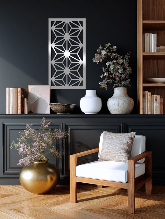 Reflecting nature, the laser-cut 'Stellar Geometry' metal wall art features star-like organic forms interlocked in a captivating pattern— a unique metal wall art.