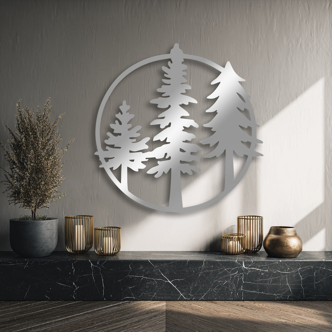 The high-quality craftsmanship of this Evergreen Circle minimalist forest metal wall decor offers a sophisticated finish.