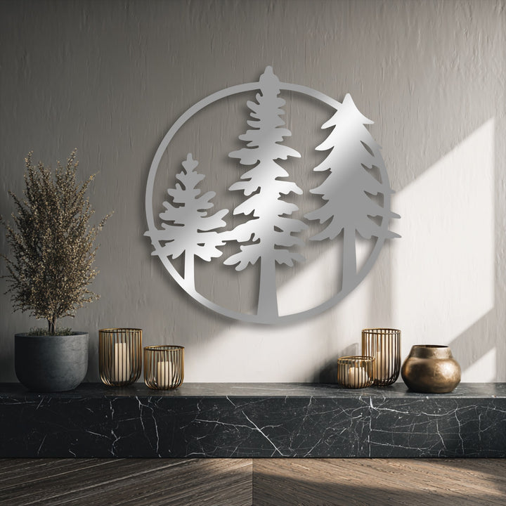 The high-quality craftsmanship of this Evergreen Circle minimalist forest metal wall decor offers a sophisticated finish.