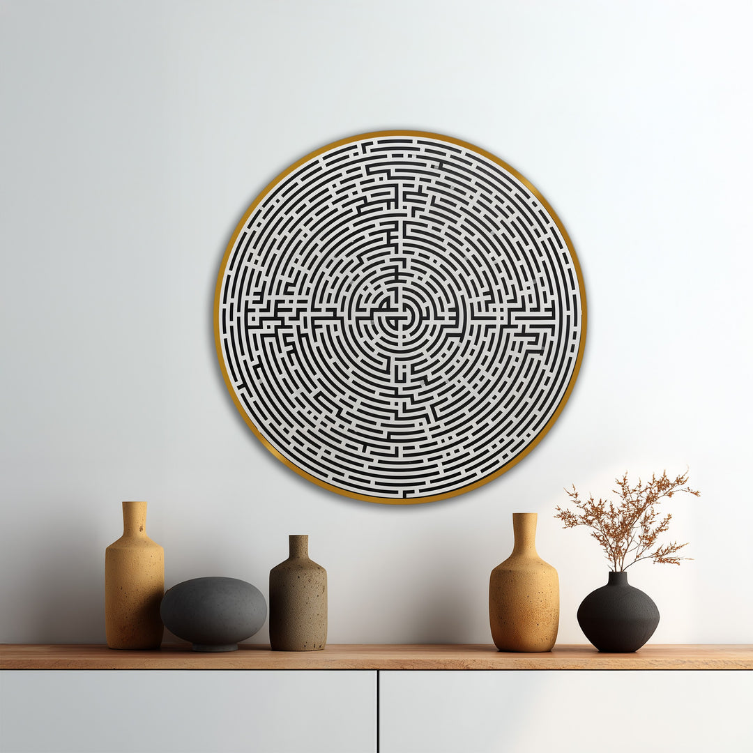 Modern Labyrinth – Minimalist Round Oil Painting on Wood