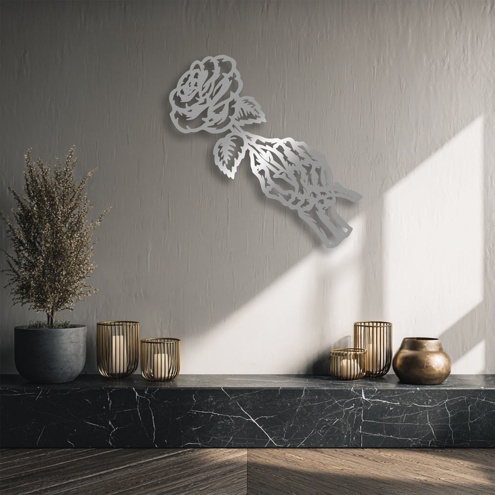 The artful angle of the rose skeleton metal art for wall imparts a graceful, flowing sense of movement across the textured surface.