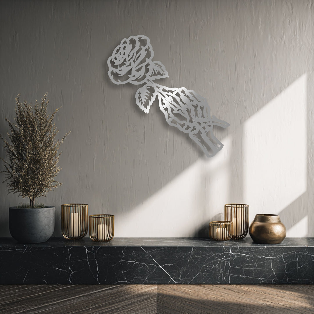 The artful angle of the rose skeleton metal art for wall imparts a graceful, flowing sense of movement across the textured surface.