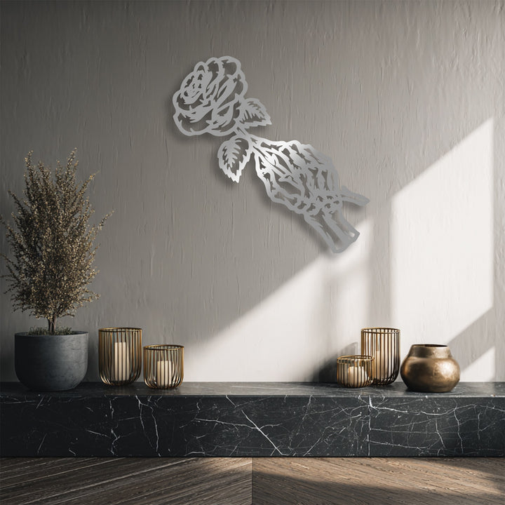 The artful angle of the rose skeleton metal art for wall imparts a graceful, flowing sense of movement across the textured surface.