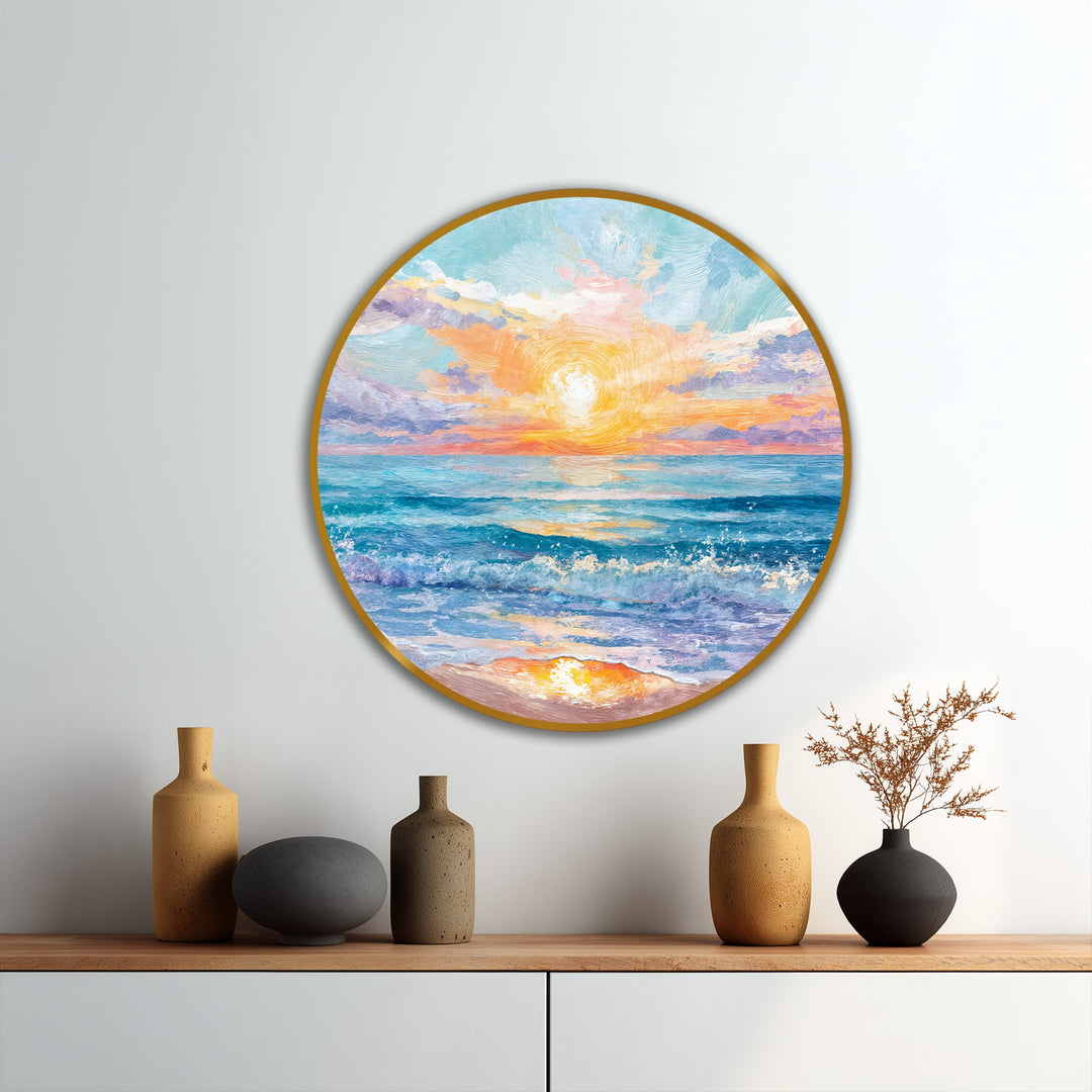 Rippling brushstrokes evoke a powerful sense of motion in this round oil painting decoration of a golden horizon with the seaside sunrise and gentle waves.