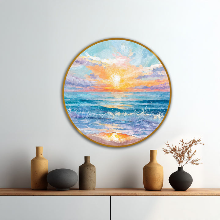 Rippling brushstrokes evoke a powerful sense of motion in this round oil painting decoration of a golden horizon with the seaside sunrise and gentle waves.