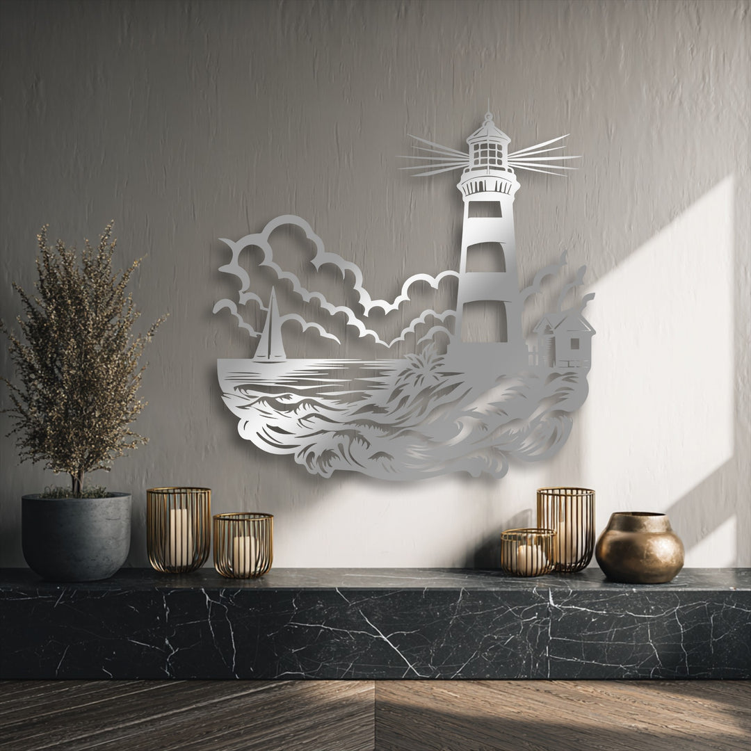 Warm color temperature illuminates the intricate metal artwork of a Guiding Light lighthouse seascape.