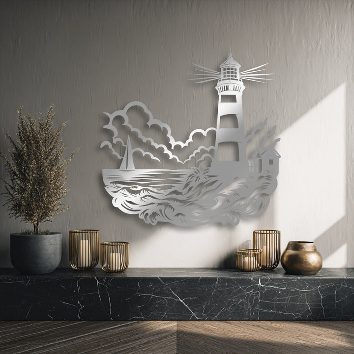 Warm color temperature illuminates the intricate metal artwork of a Guiding Light lighthouse seascape.