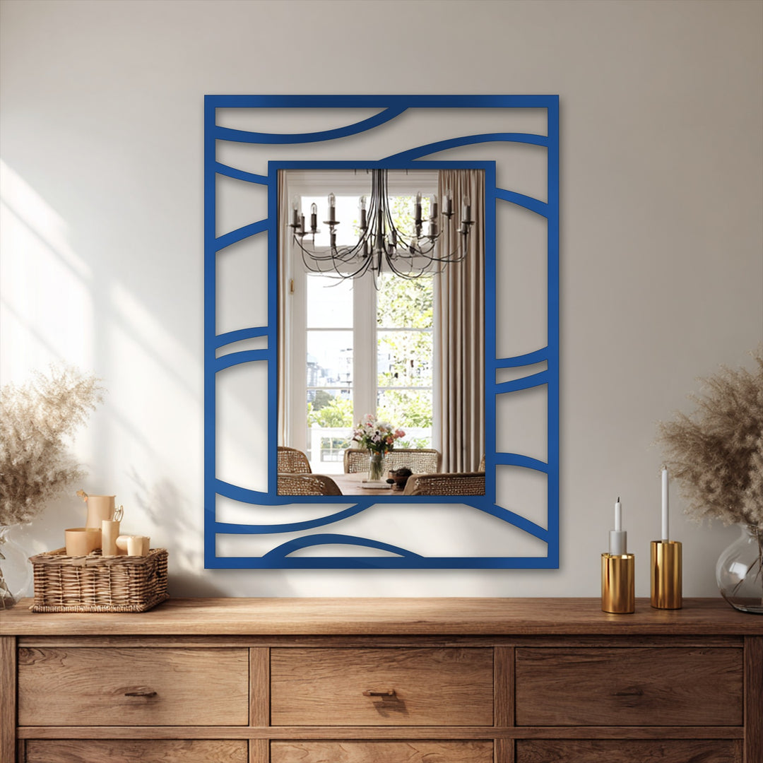 The realistic detail of the abstract wave frame on this modern fluid line design emphasizes the intricacy of the stained glass wall mirror.
