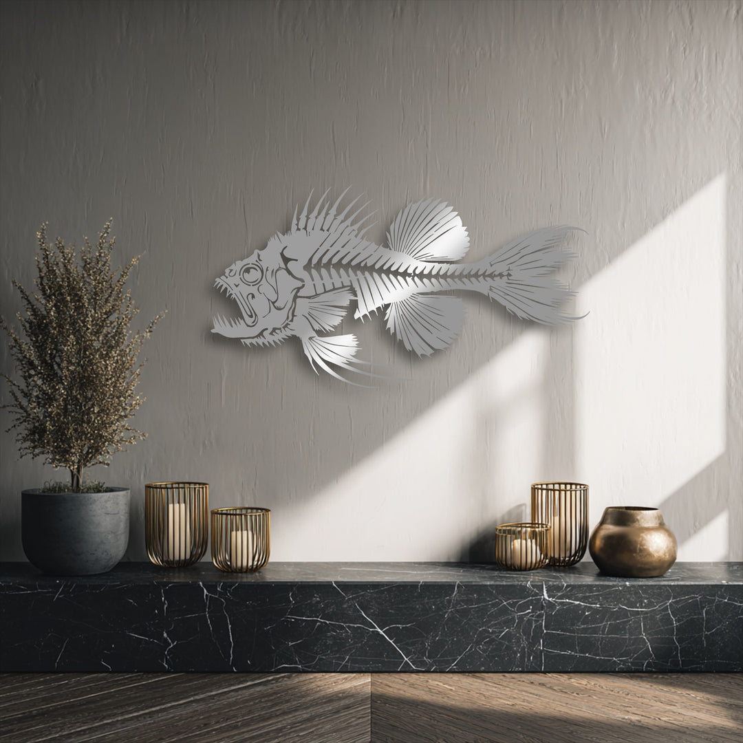 The darkest area, a black marble top and dark wood floor, elegantly anchors the predator fish skeleton decorative metal art.
