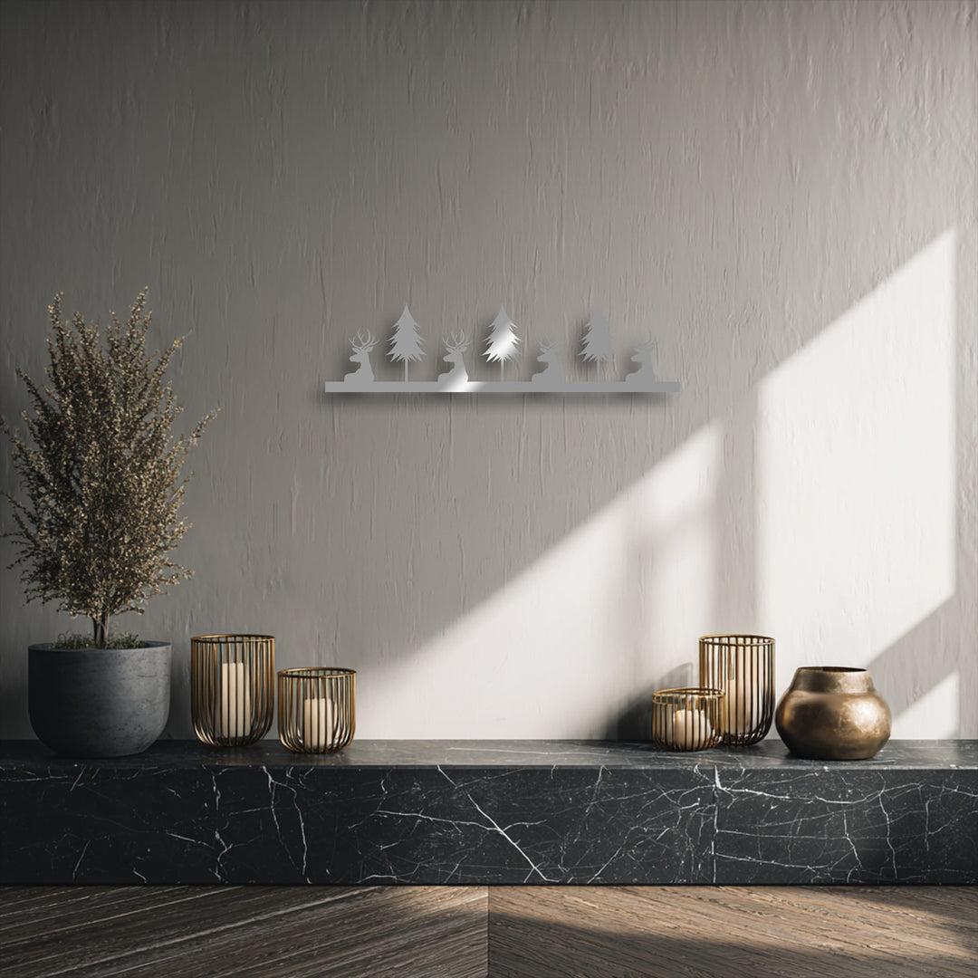 The stillness of a deer and pine forest silhouette metal art for wall creates a calm, rustic nature panorama decor above dark marble.