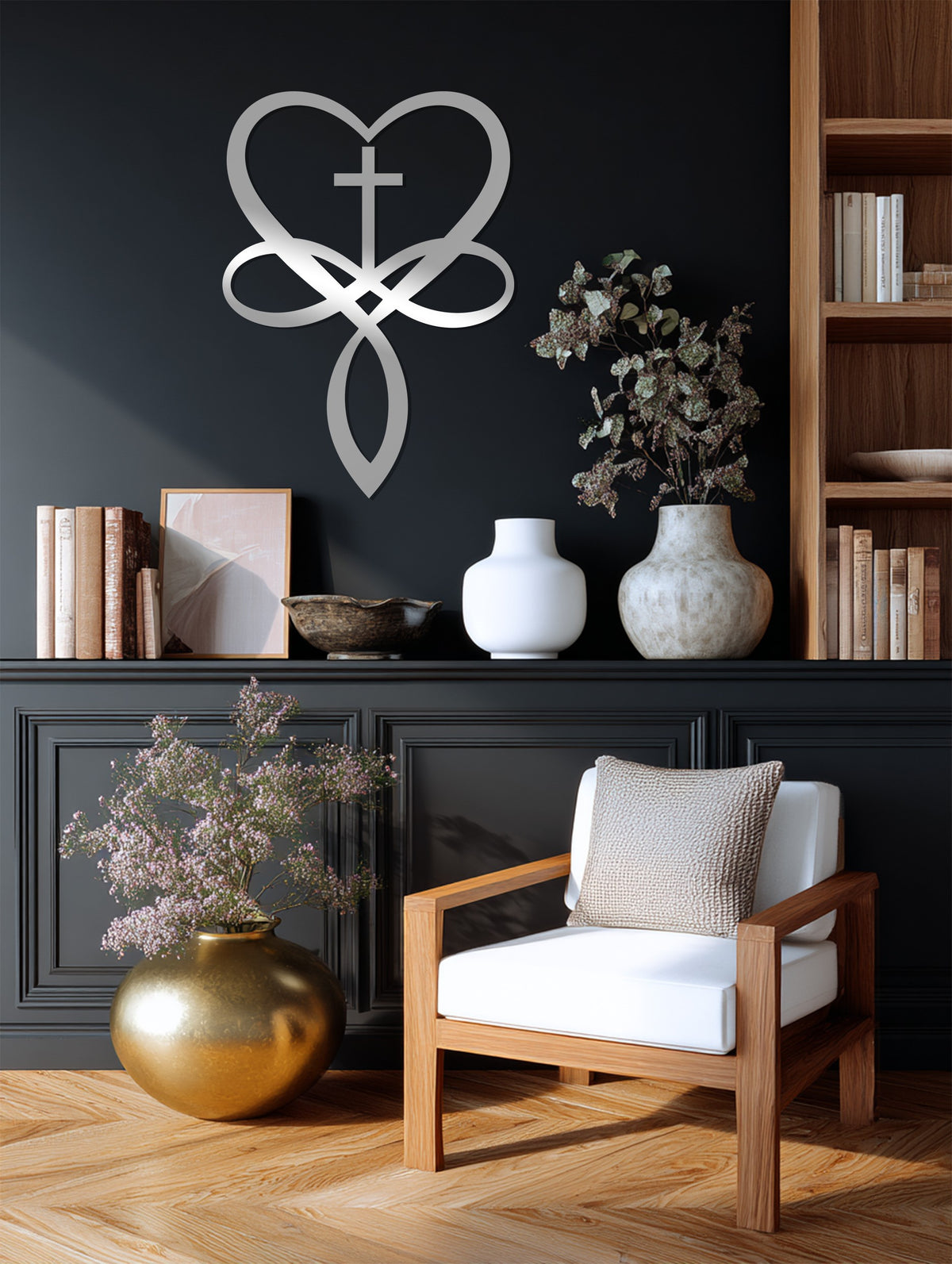Featuring geometric elements, the heart cross decorative metal art showcases intertwined infinity symbols forming a heart with a central cross in this black religious wall sculpture.