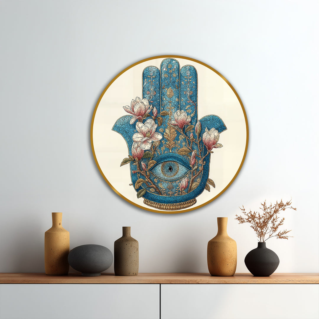 Œil de Hamsa floral–Symbole mystique rond Tableau Peinture à l’huile