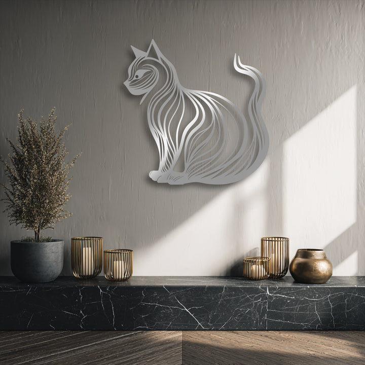 The sleek, brushed metallic finish of the elegant cat silhouette metal art for wall reflects subtle light, enhancing its modern design.