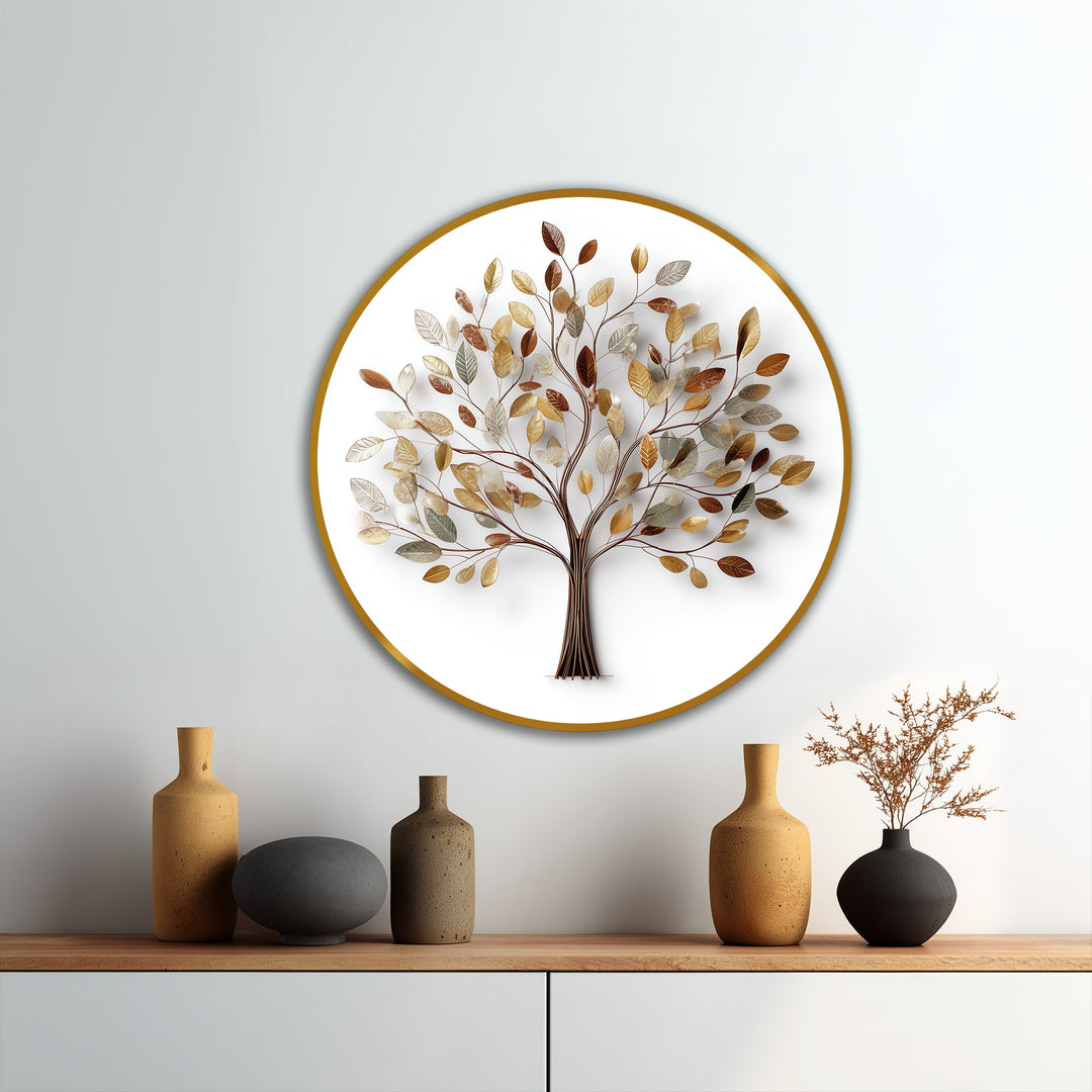 The round shape of the elegant, golden-leaf-tree oil painting emphasizes the geometric design of the modern oil painting art in the botanical artwork.
