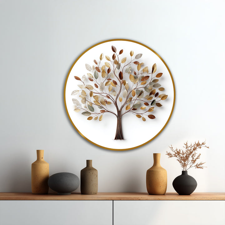 The round shape of the elegant, golden-leaf-tree oil painting emphasizes the geometric design of the modern oil painting art in the botanical artwork.