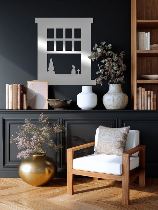 Featuring geometric metal wall decor, the square grid window metal wall art presents a minimalist silhouette with rectangular panes, blending industrial and rustic design elements.