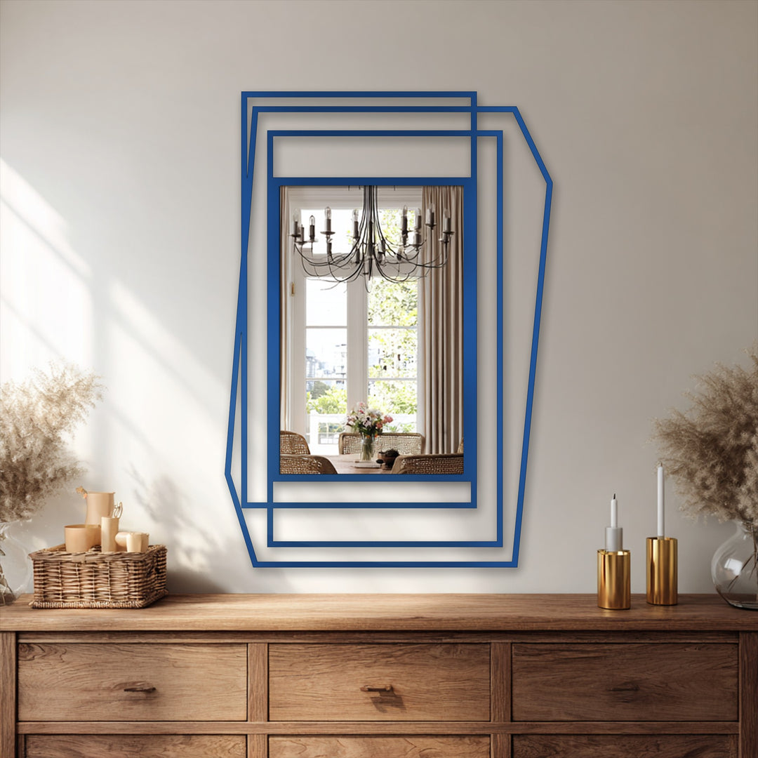 Navy finish on the geometric, asymmetrical framed mirror offers an eye-catching piece for decorating with wall mirrors in your home.