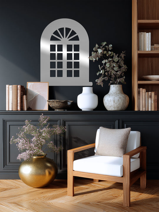 Overlapping decoration wall art elements showcase a classic arched window geometric grid metal wall art, creating visual depth and distinct layers.
