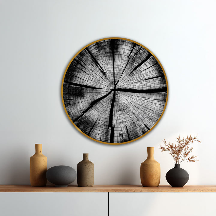 The darkest area highlights the stark contrast in this round oil painting reproduction print showing monochrome tree rings on wood, a minimalist modern art piece.