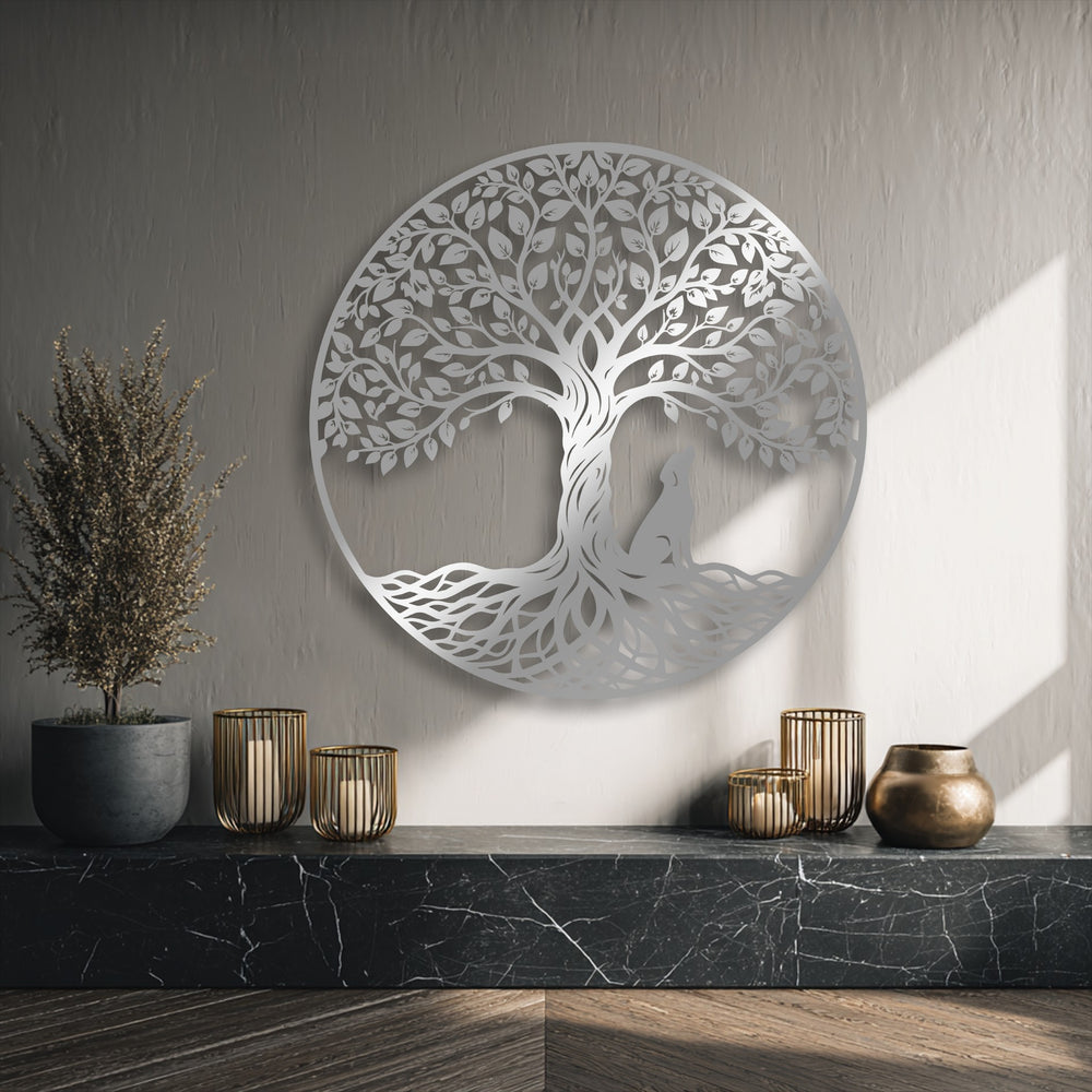 The abstract, intricate design of the metal Tree of Life featuring a wolf silhouette creates compelling decoration wall art.