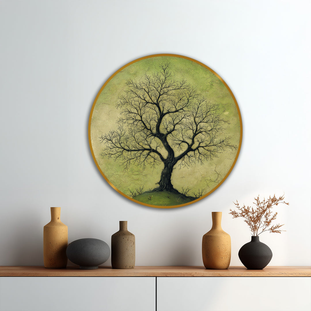 Árbol solitario con ramas sobre un suave suelo verde – Redondo inspirado en la naturaleza Cuadro al óleo