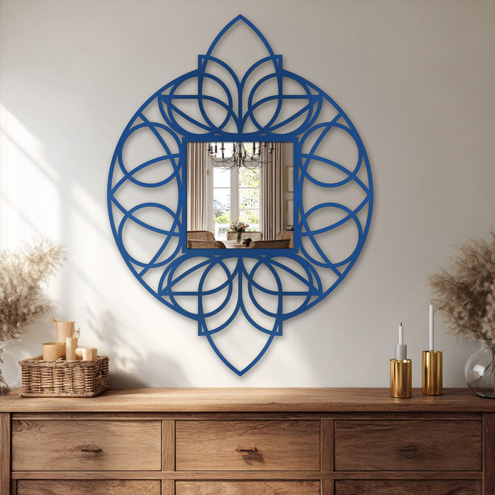 Reflected in the mirror for wall decor, the geometric floral mandala's design creates a captivating transition where interior room colors meet the room's wall.