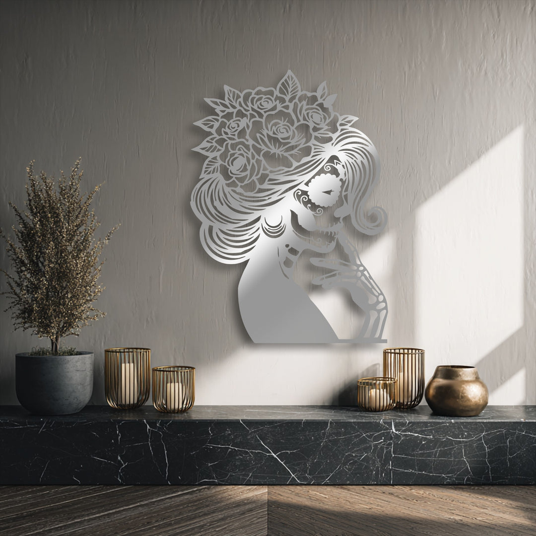 The intricate cutouts of the Floral Sugar Skull Lady metal wall art create a subtle layering effect, enhancing this stunning piece of decoration wall art.