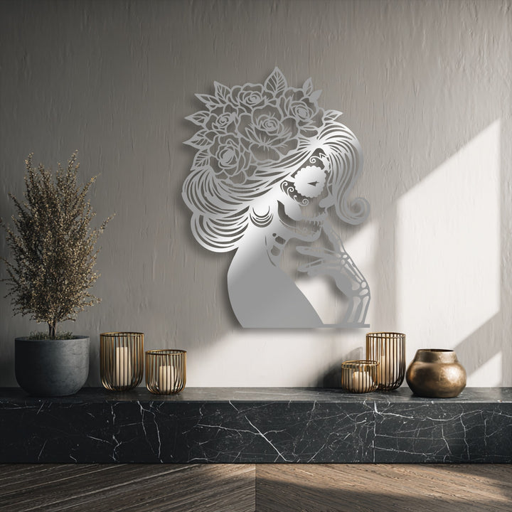 The intricate cutouts of the Floral Sugar Skull Lady metal wall art create a subtle layering effect, enhancing this stunning piece of decoration wall art.