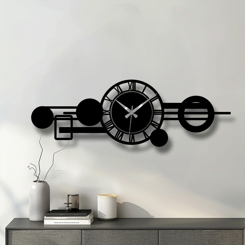 Smooth surface texture highlights the modern Roman orbit metal wall clock, a geometric abstract design presenting a sleek and contemporary metal artwork.
