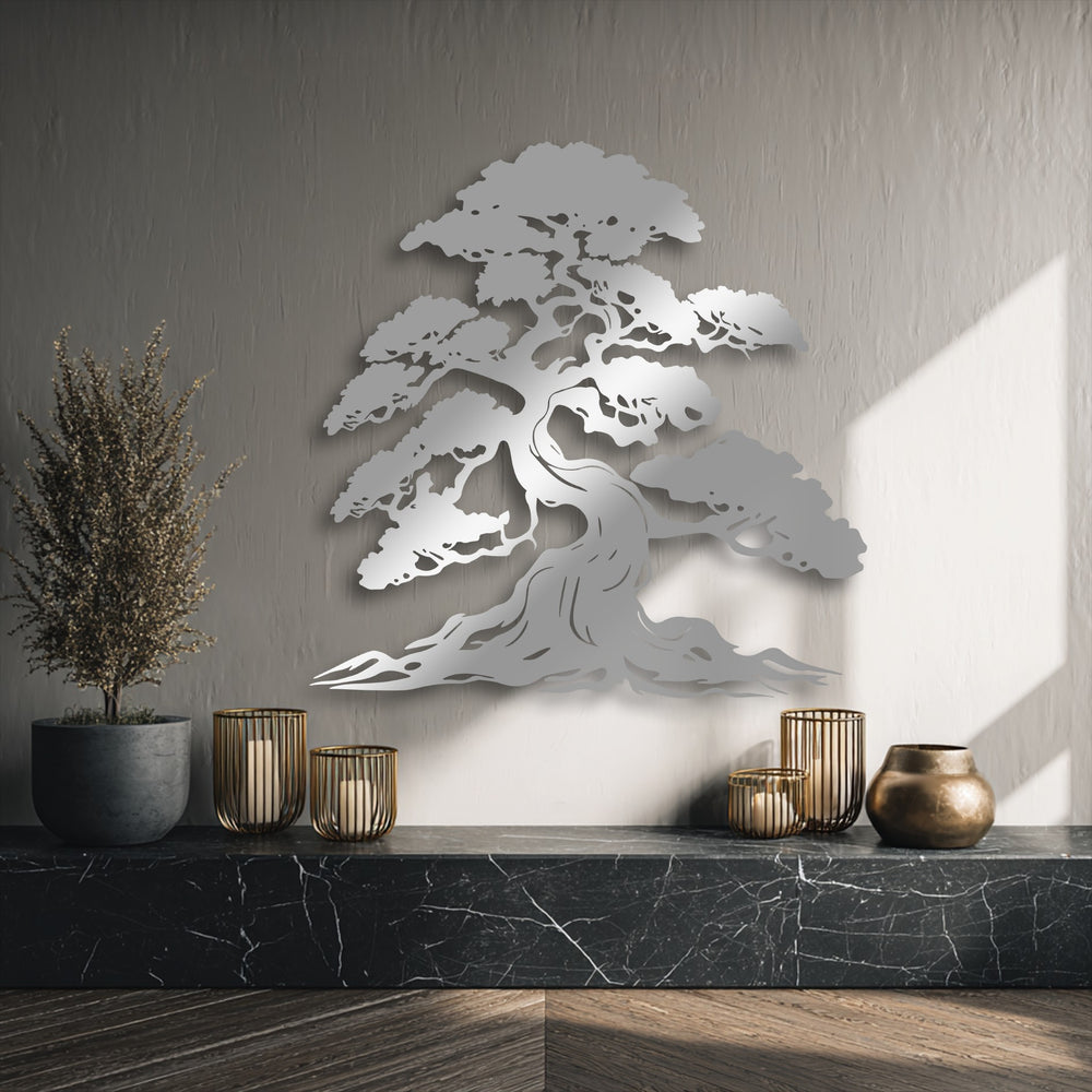 The flowing, organic lines of the bonsai tree metal decoration wall art create a serene visual rhythm against the textured wall.