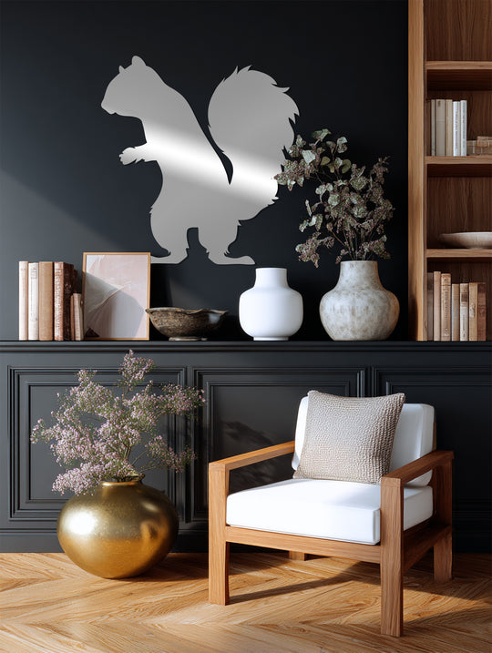 The squirrel silhouette is the focal point of this metal art for wall, a woodland-inspired metal wall art piece featuring a clean, sharp silhouette.