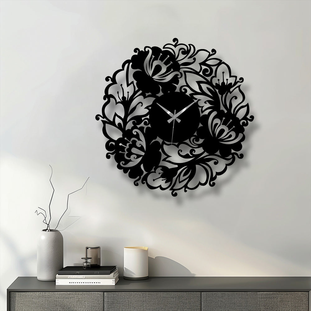 Negative space highlights the floral design of this unique metal wall art clock, creating an elegant bloom garden effect with its intricate details.