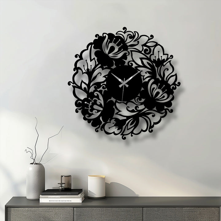 Negative space highlights the floral design of this unique metal wall art clock, creating an elegant bloom garden effect with its intricate details.