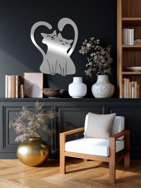 Brightest part of this decoration wall art shines on a silver metal Holy Night Nativity Scene depicting two embracing cats with heart-shaped tails.