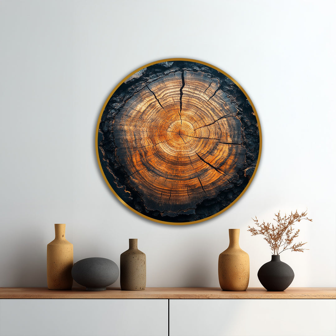 Warm color temperature radiates from the rustic tree core in this round oil painting art prints piece, highlighting the concentric rings and charred bark texture.