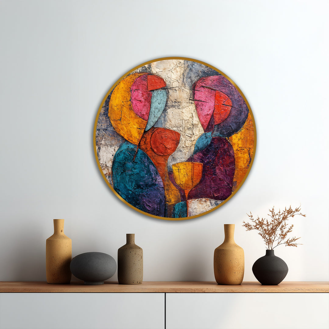 Featuring a subtle golden edge framing this round oil painting wall art, the border adds a touch of warmth to the abstract lovers scene.