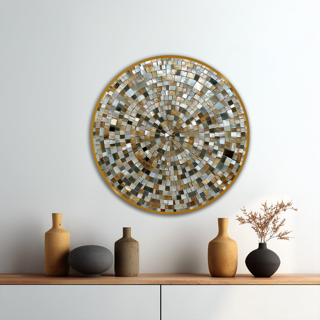 Warm color temperature highlights the gold tones of this spiral mosaic pattern oil painting reproduction print, creating elegant, harmonious home decor.