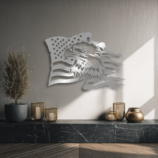 The dynamic curves of this Freedom Roar eagle and American flag metal wall decor evoke powerful movement, as if caught in a strong wind.