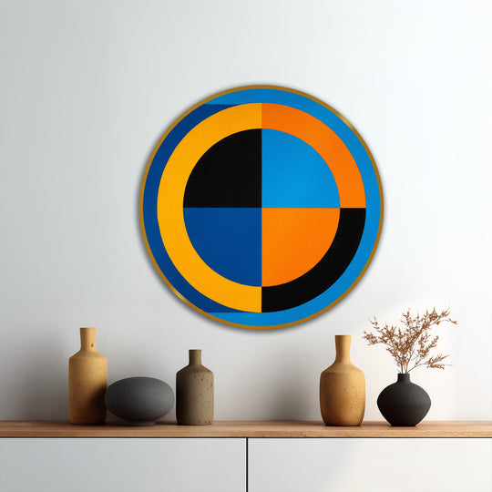 Vibrant geometric circles in this modern oil painting art emanate outward, with bold blue, orange, and black sections creating a sense of dynamic rotation.