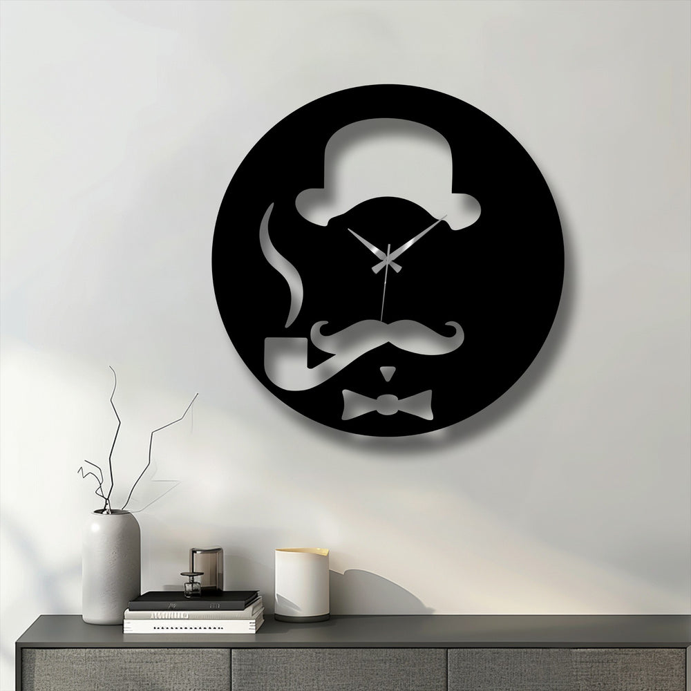 The muted color saturation highlights the sleek black silhouette of the Vintage Gentleman Metal Wall Clock, an elegant metal art for wall.
