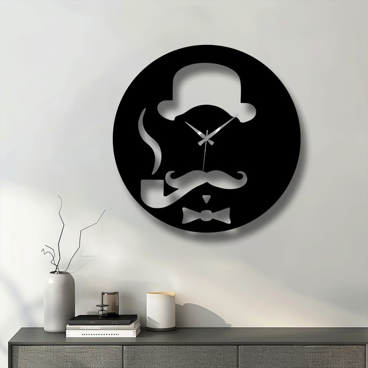 The muted color saturation highlights the sleek black silhouette of the Vintage Gentleman Metal Wall Clock, an elegant metal art for wall.