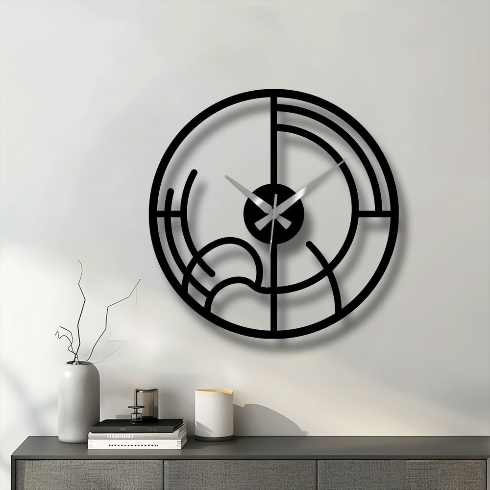 Striking color contrast highlights the black abstract geometric metal wall clock against the light wall, creating eye-catching decoration wall art.