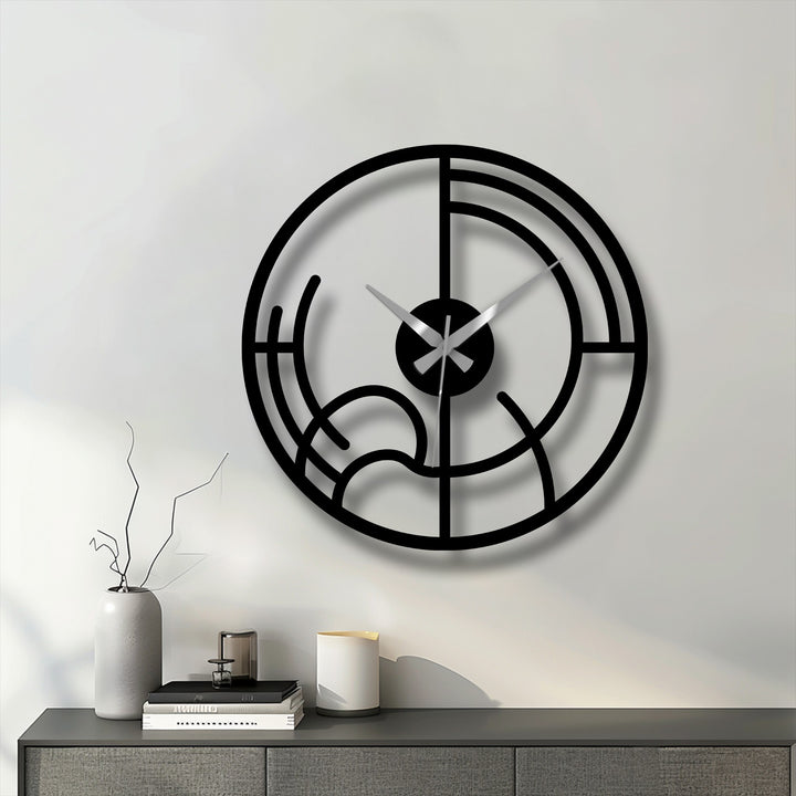 Striking color contrast highlights the black abstract geometric metal wall clock against the light wall, creating eye-catching decoration wall art.