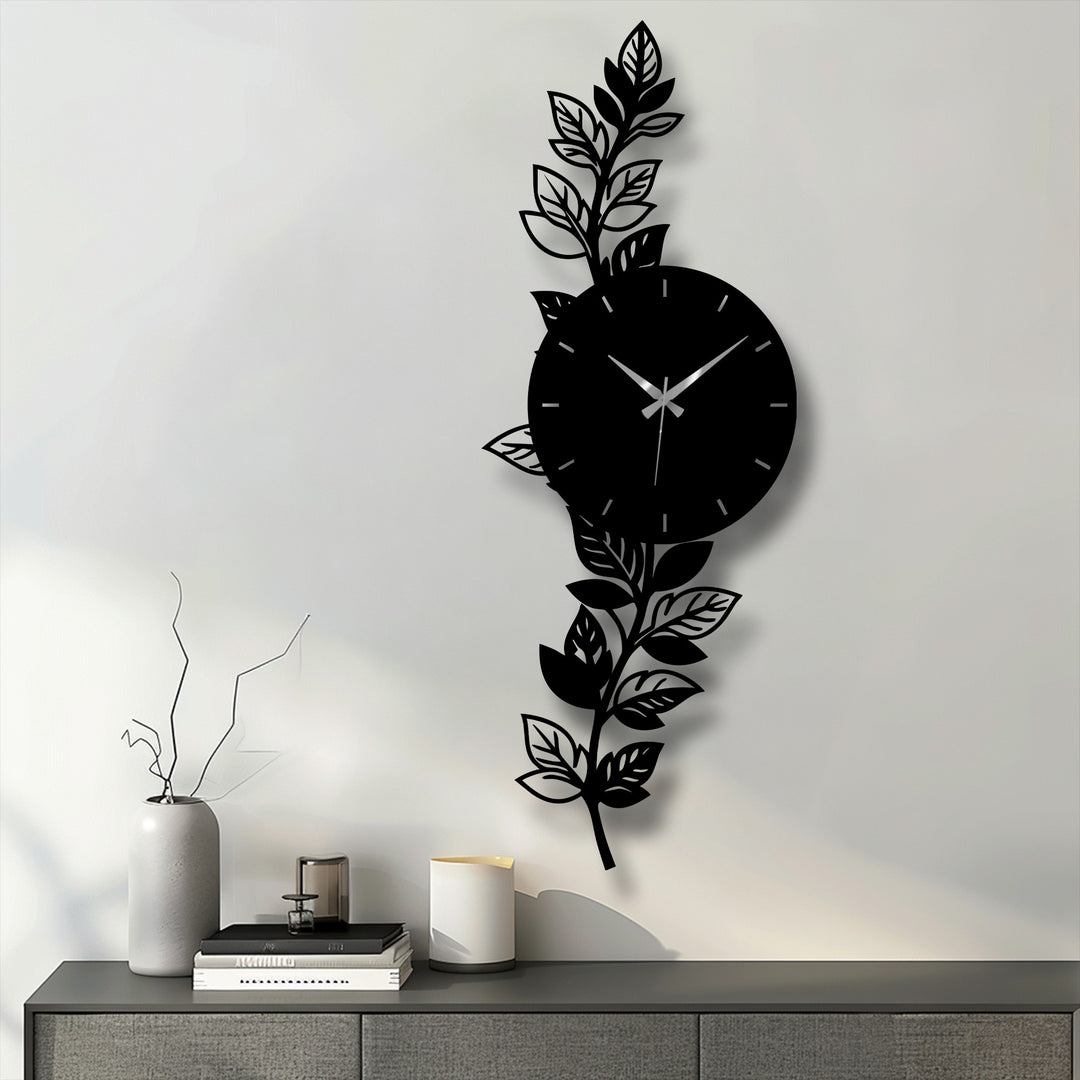 Focusing on the focal point, a botanical leaf metal wall clock serves as unique decorative metal art, adding a modern, nature-inspired touch to any home.