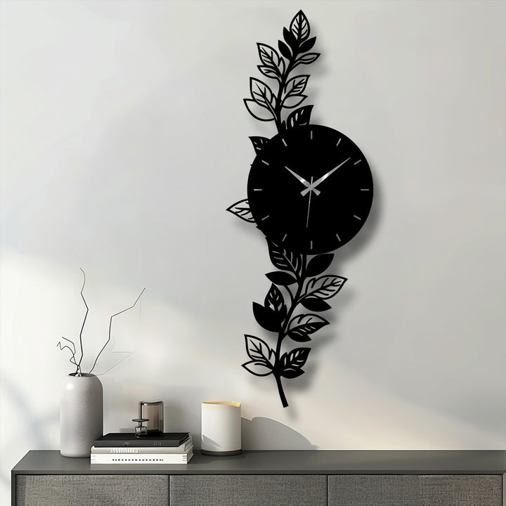 Focusing on the focal point, a botanical leaf metal wall clock serves as unique decorative metal art, adding a modern, nature-inspired touch to any home.