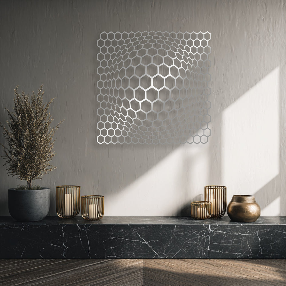 The serene stillness of this space is captured by the captivating Geometric Hexagon Depth Illusion metal artwork.